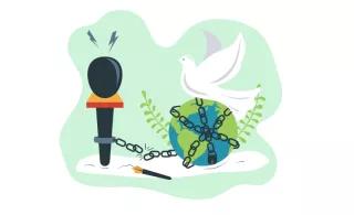 a graphic illustration of the globe in chains, a microphone breaking the chain, and a white dove