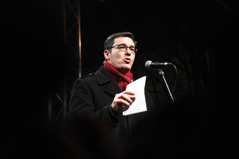 Gergely Karacsony speaking at a protest at the first time since he was elected to be Lord Mayor of Budapest Gergely Karacsony speaking at a protest at the first time since he was elected to be Lord Mayor of Budapest