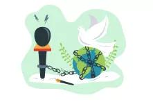a graphic illustration of the globe in chains, a microphone breaking the chain, and a white dove