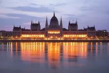 Photo of the Parliament building in Budapest at dusk