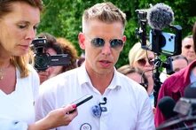 Felcsut, Hungary. 05.24.2024. Peter Magyar, a popular opposition politician of celebrity status meeting the press at the site of a soccer arena and miniature train station in Viktor Orban's village