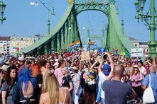 Photo from Budapest Pride 2021, people at the Green - Liberty bridge