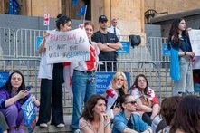 Tbilisi, Georgia - 20 April, 2024: Georgian women protest on Rustaveli Avenue against the law adopted in parliament