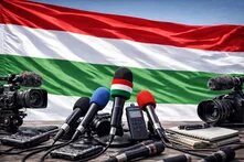 A Hungarian flag behind microphones. AI generated image.