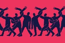 human chain of graphical persons in red and dark blue