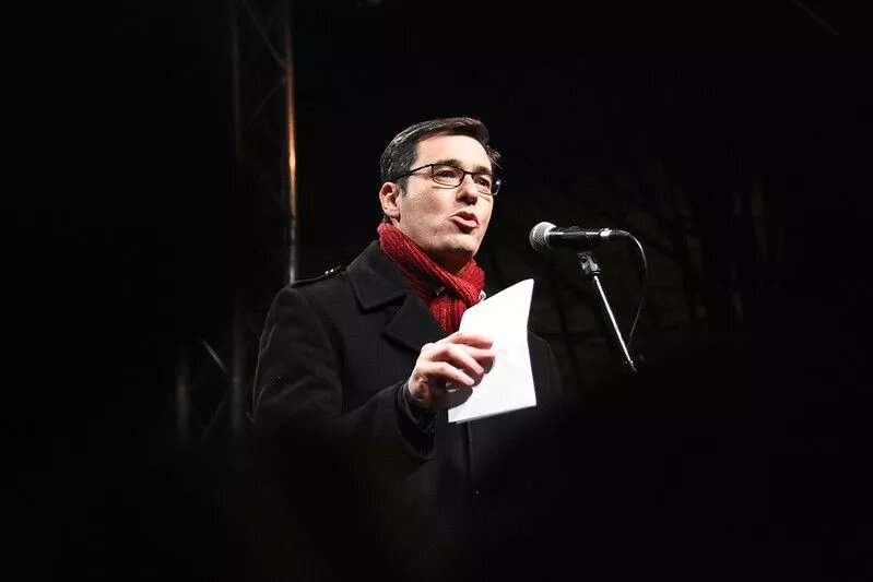 Gergely Karacsony speaking at a protest at the first time since he was elected to be Lord Mayor of Budapest