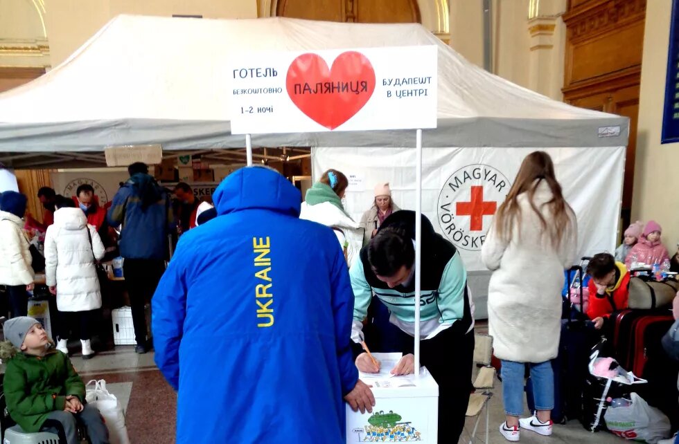 Helping point offering free accommodation for Ukrainian refugees at Keleti Railway Station in Budapest, Hungary