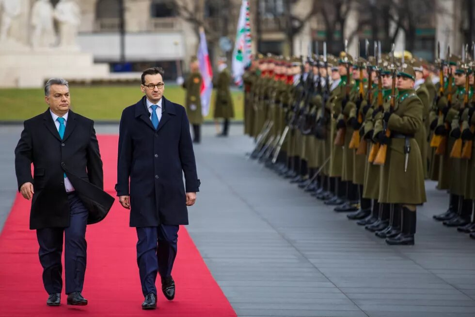 Polish prime minister Mateusz Morawiecki and Hungarian prime minister Viktor Orbán on an official meeting in 2018