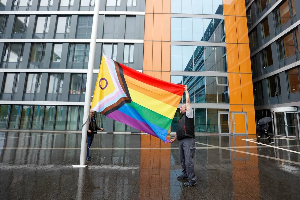 Rainbow flag next to the EP buildings - International Day Against Homophobia, Biphobia, Intersexism and Transphobia