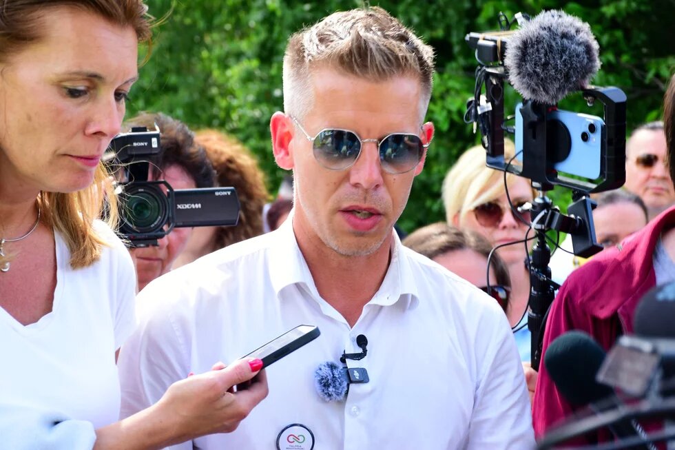 Felcsut, Hungary. 05.24.2024. Peter Magyar, a popular opposition politician of celebrity status meeting the press at the site of a soccer arena and miniature train station in Viktor Orban's village