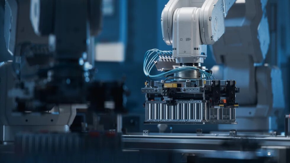 Automotive Battery Module On Automated Production Line With Robot Arms and Conveyor Belt. Electric Car Battery Pack Manufacturing Process. Modern EV Factory. Automotive Battery Module On Automated Production Line With Robot Arms and Conveyor Belt. Electric Car Battery Pack Manufacturing Process. Modern EV Factory.