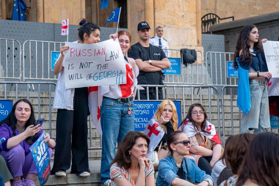 Tbilisi, Georgia - 20 April, 2024: Georgian women protest on Rustaveli Avenue against the law adopted in parliament