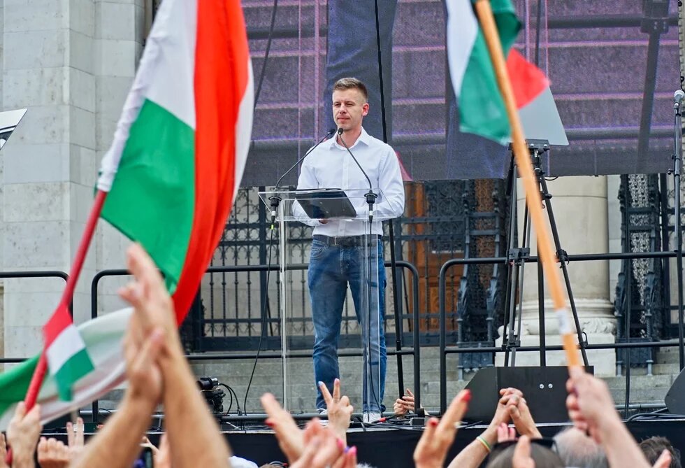 Budapest, Hungary - Apr 6, 2024: Hungarian politician Peter Magyar making speech before the Parliament at demonstration against the Hungarian government Fidesz. Tens of thousands march against Orban. Hungarian politician Peter Magyar making speech before the Parliament at demonstration against the Hungarian government Fidesz. Tens of thousands march against Orban.