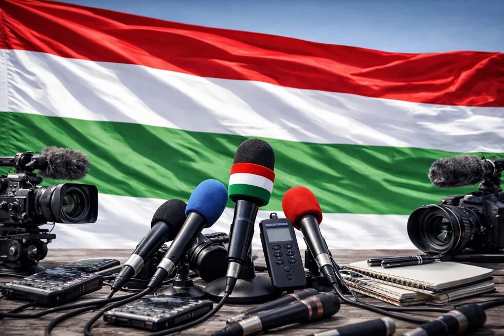 A Hungarian flag behind microphones. AI generated image.