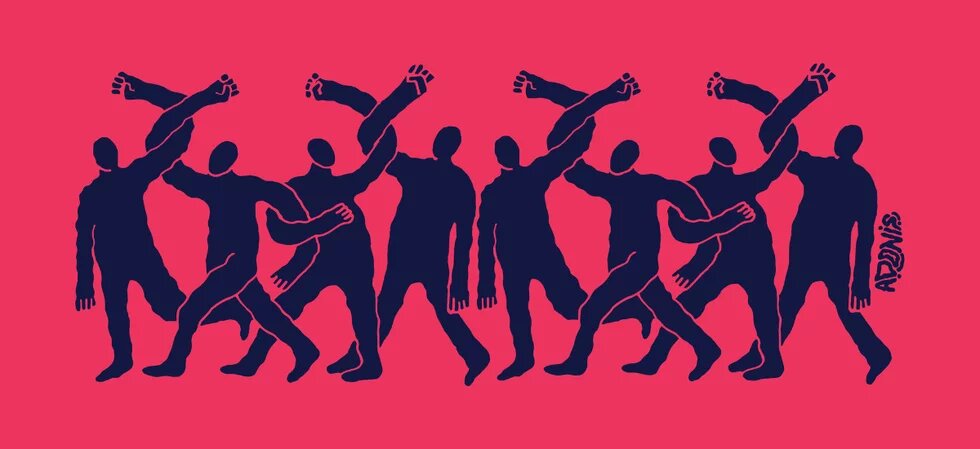 human chain of graphical persons in red and dark blue