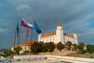 Pressburg Castle with EU and SK flags